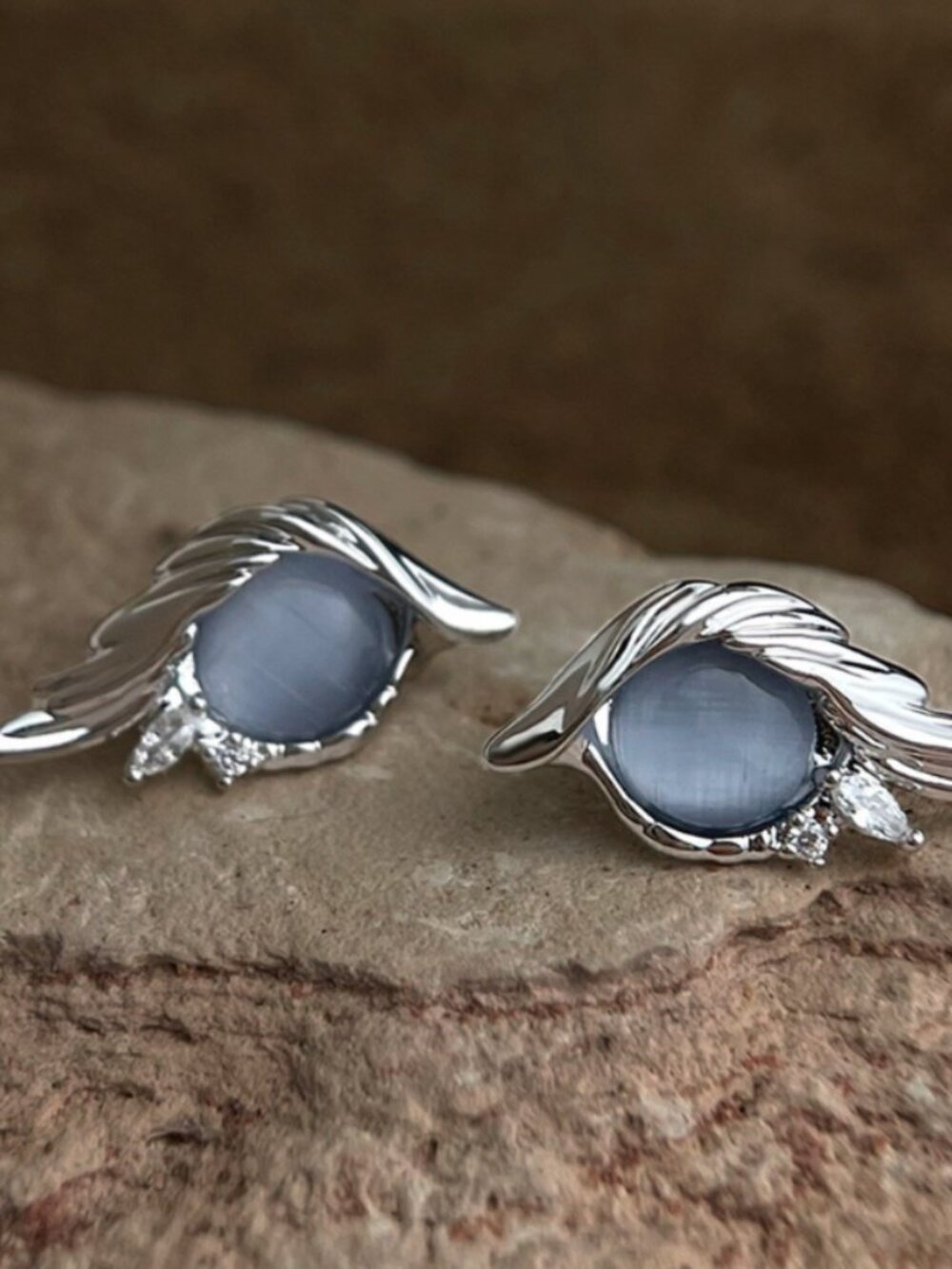 Gothic Silver Angel Wings Eye Earrings Blue Stone Guardian Studs Women Jewelry